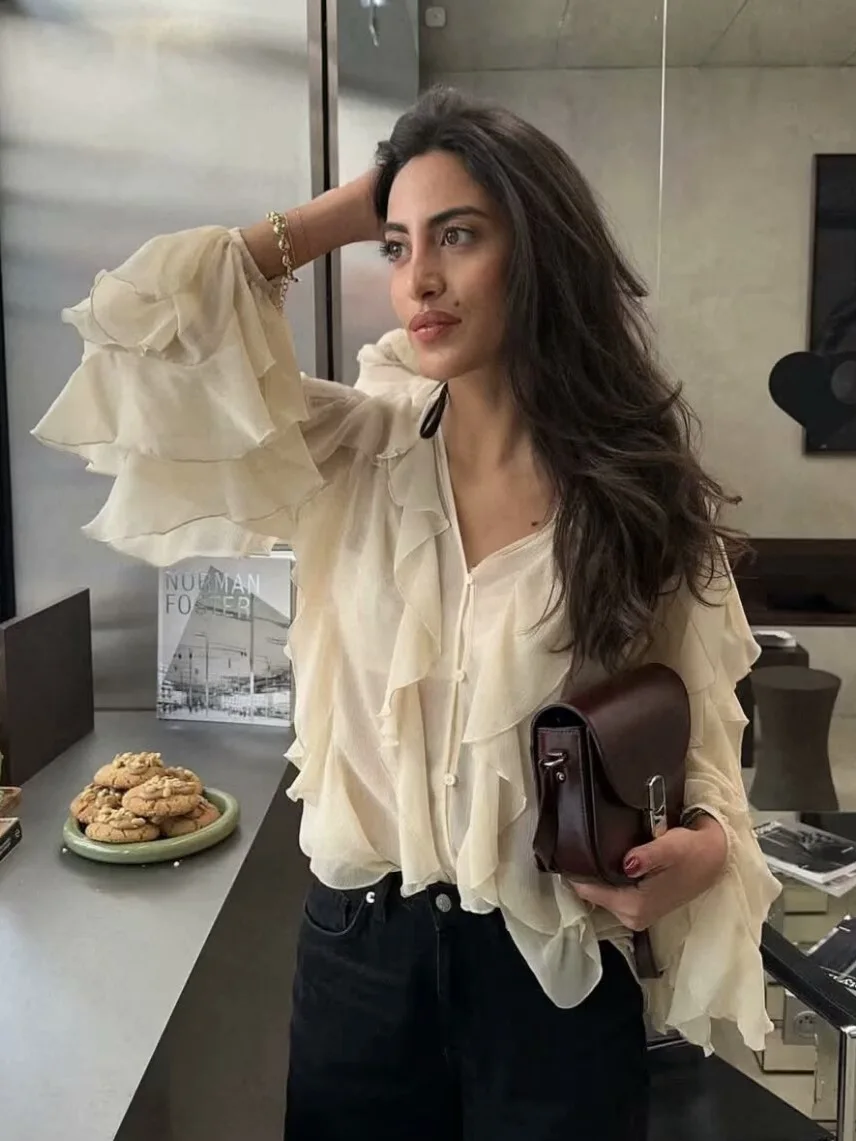 Elegant Solid Ruffles Chiffon Thin Shirts for Woman 2025 Spring New V Neck Long Sleeved Buttons Blouse Fashion Office Lady Tops