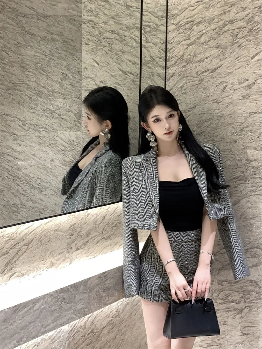 Winter Vintage New Two Piece Set Women Long Sleeve Blazer Coat+solid Gray Shorts Female Casual Korean Fashion Elegant Suit 2024