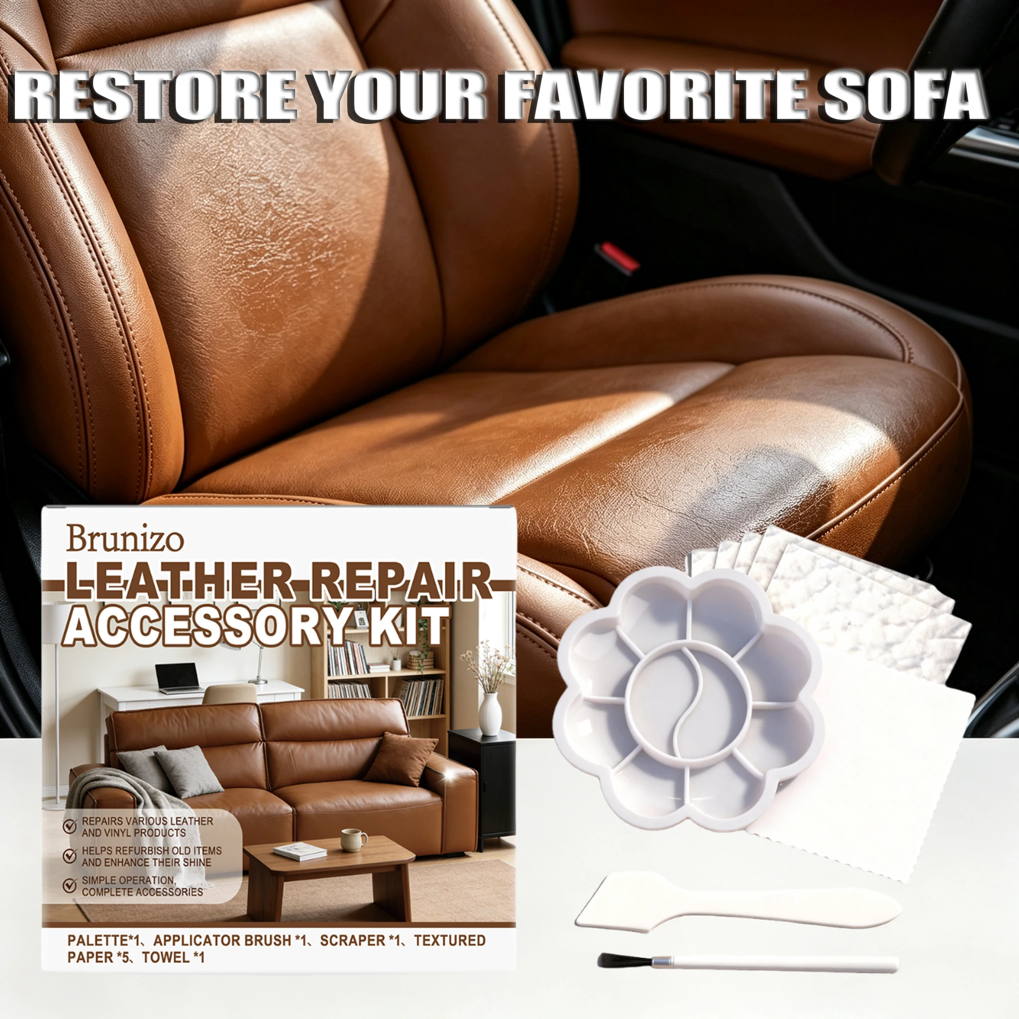 Leather Repair Accessory Kit DIY Color Mixing Palette Scraper Brush Grain Textured Paper Microfiber Towel for Couch Car Seat