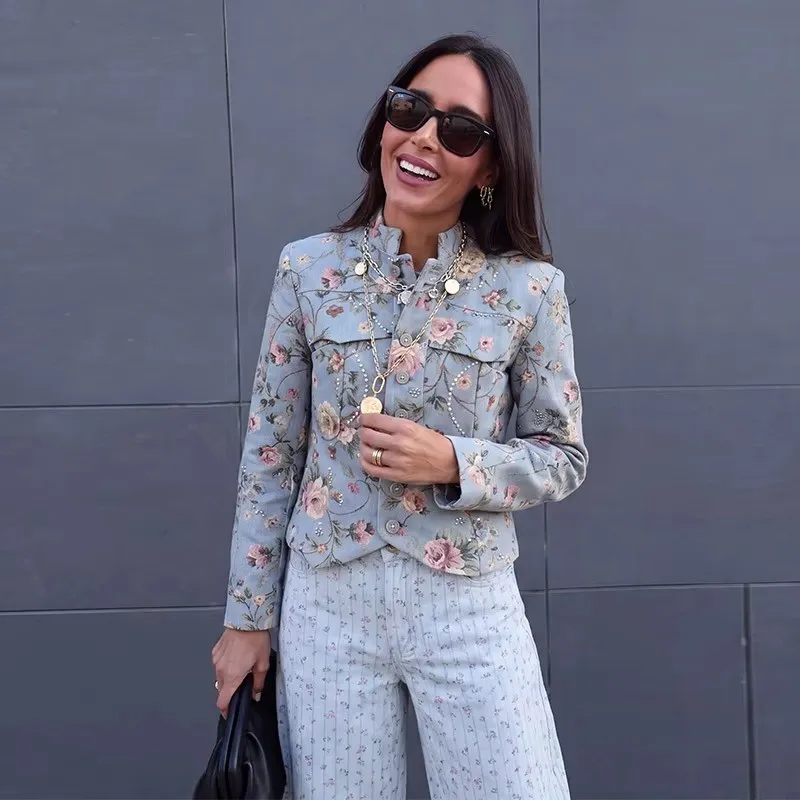 Floral Jacquard Cropped Blazer Stand Collar Multi Button Long Sleeve Pockets Women Vintage Short Jacket Outerwear 260801
