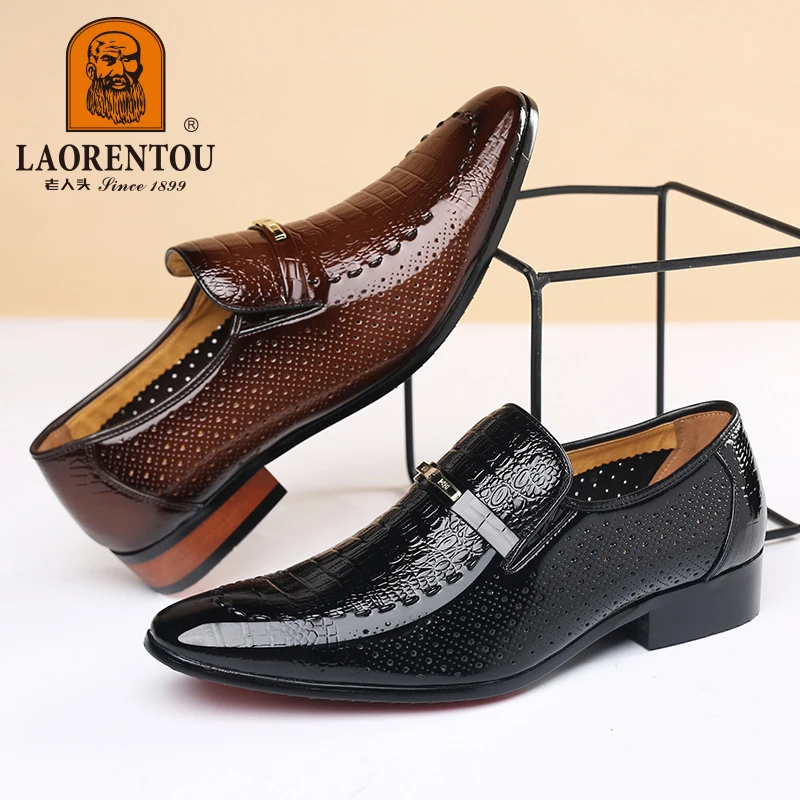 LAORENTOU true cowhide breathable perforated leather shoes with pointed tips, British business dress perforated leather sandals