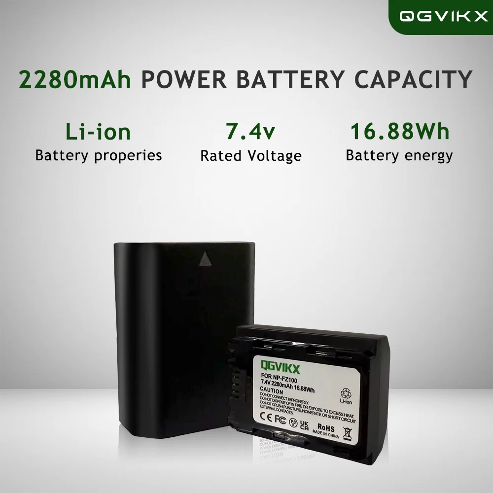 7.4v 2280mAh NP FZ100 Battery and 2-Channel USB Charger for Sony ZV-E1 ZV-E10II A7III A7IV FX3 FX30 A6600 A6700 A7R III A7C A9II