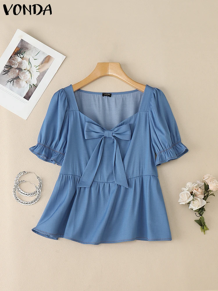 

VONDA Fashion Women Bow Tops Summer Square Collar Solid Color Blouse Short Sleeve Tunic Shirts Casual Office Lady Elegant Blusas