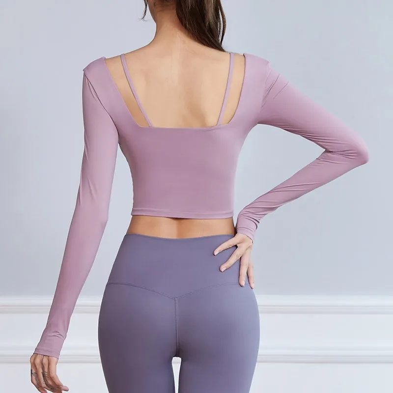 Women Sexy Yoga Shirts Gym Tracksuit Cross Strap Crop Tops Nylon Fitness Long Sleeve Running Tees Sports Midriff With Chest Pad