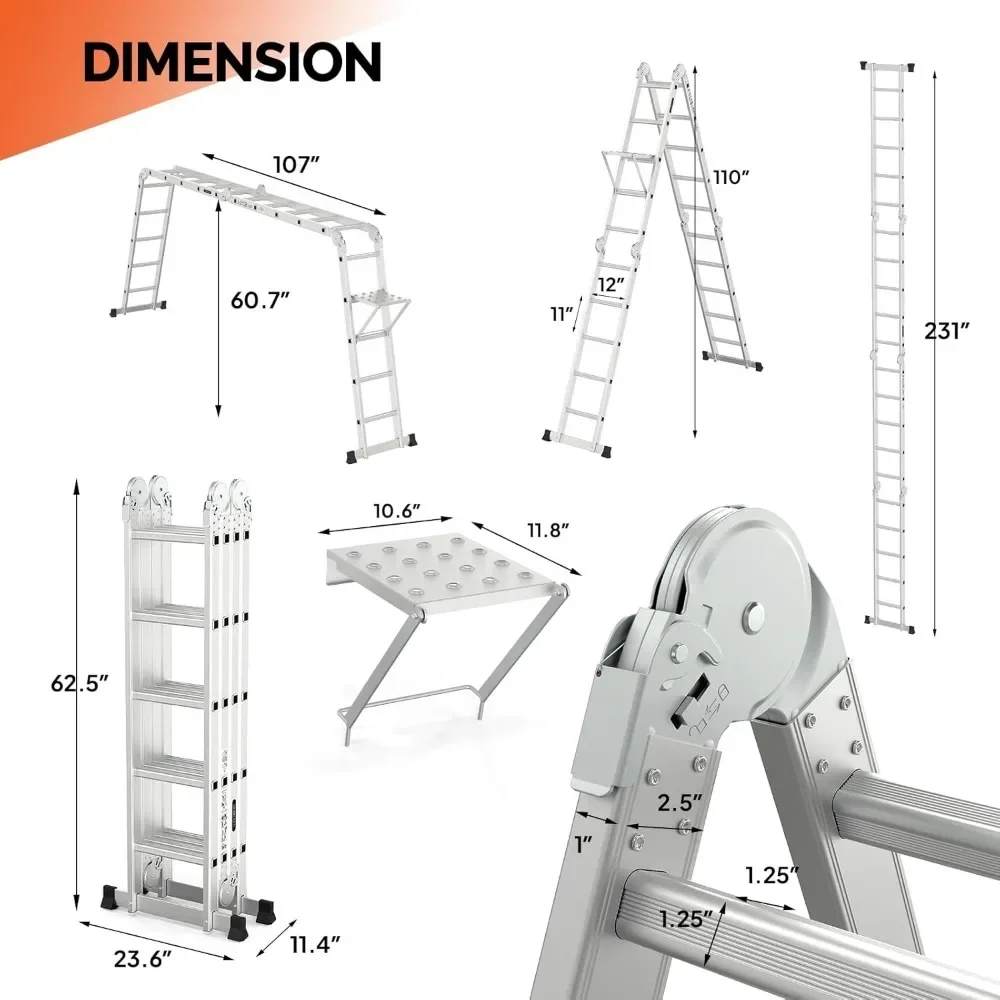 Escada Dobrável de Alumínio Multi-Purpose, 7 em 1 Passo, Combinação Pesada, EN