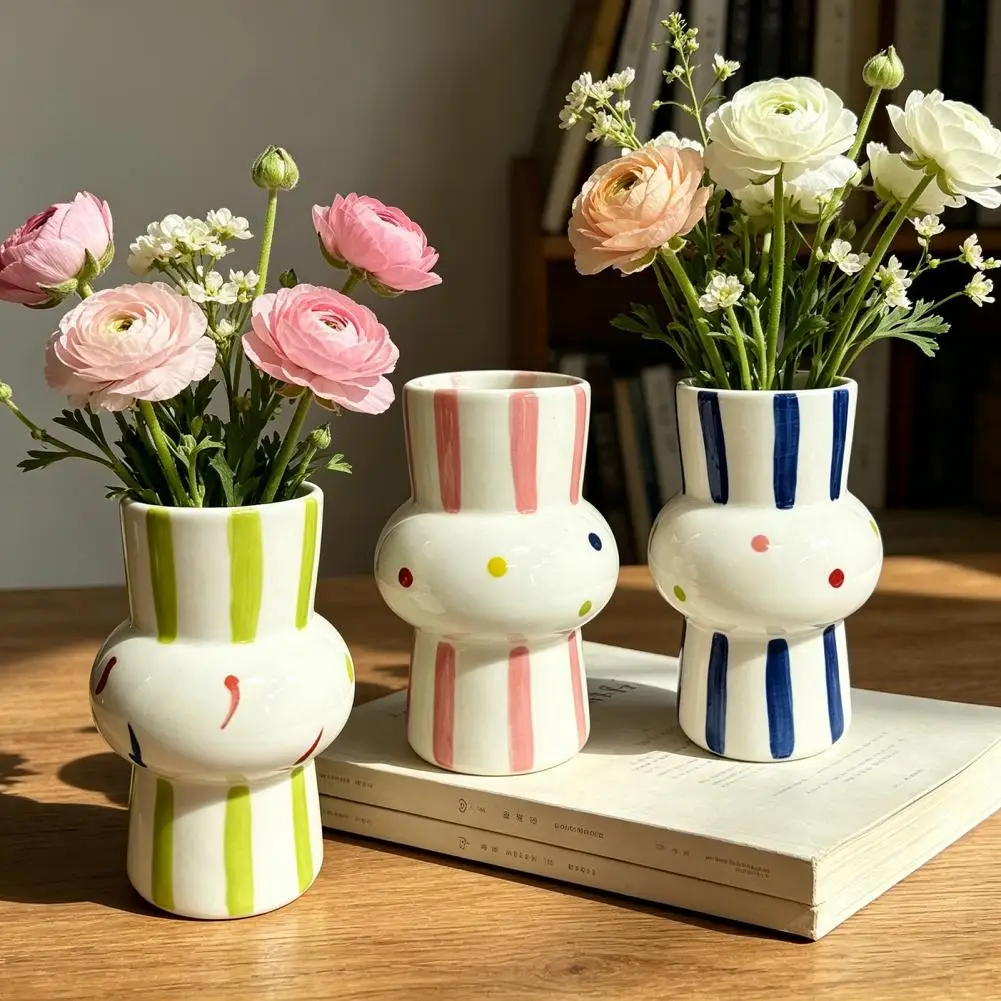 High-temperature Ceramic Vase Hand Painted Ceramic Vase with Striped Polka Dot Design Gourd Shape Flower Vase for Fresh Dried