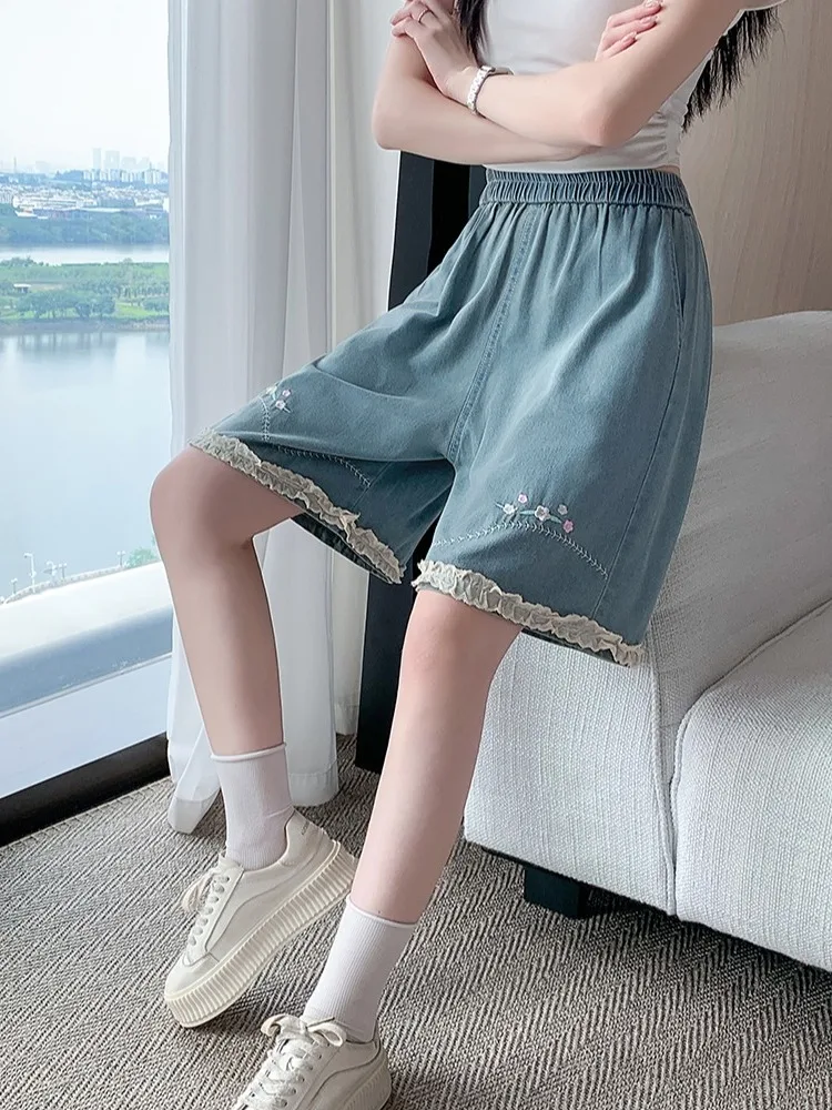 

Summer New plus Size Women's Ruffle Trim Denim Five-Quarter Shorts Loose Wide Leg High Waist Jeans Hot Pants Casual Style