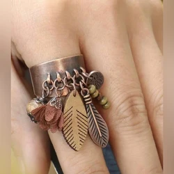 Bohemian Feather Tassel Rings for Women Vintage Adjustable Opening Ring Beads Tassel Geometric Wide Band Couple Ring