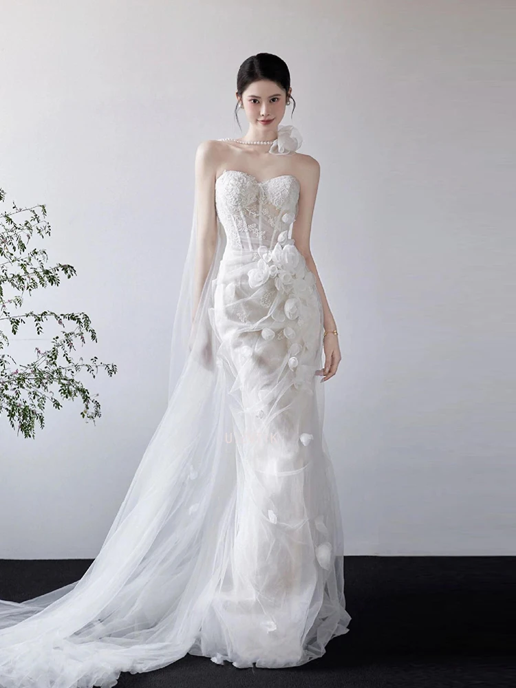 Luksusowe suknie ślubne syreny damskie bez ramiączek z odpinanym trenem suknia balowa elegancka aplikacja sesja zdjęciowa ślubna sukienka szyta na miarę