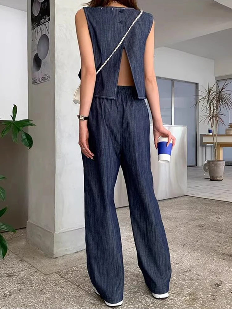 

Korean style chic summer retro style split back design denim vest+high waisted lace up wide leg pants casual simple set