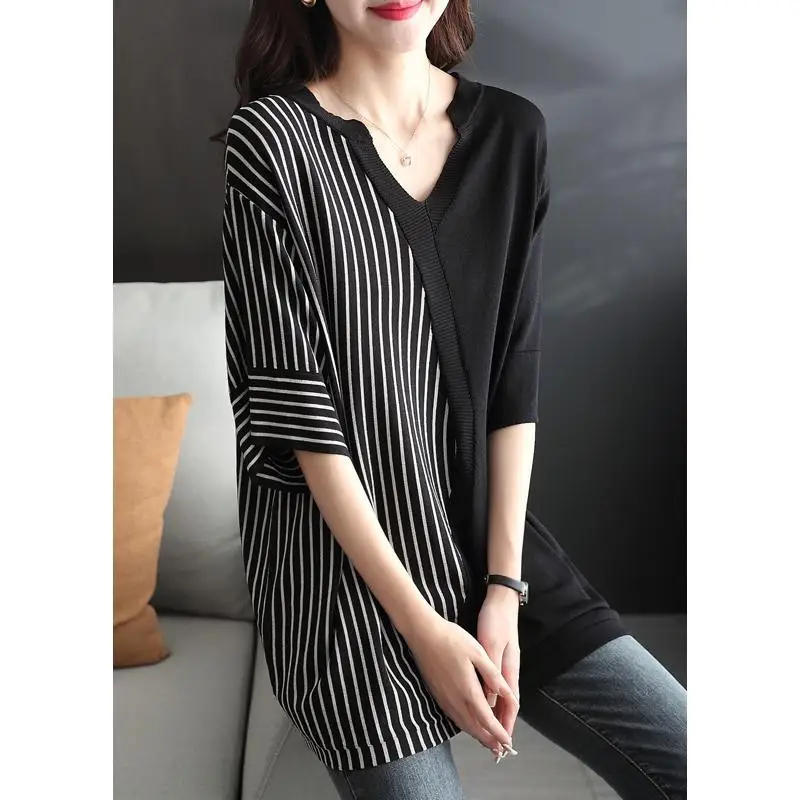 

Summer New plus Size Loose Ice Silk Knitted Casual Striped V-Ne f Sve Top Women's Loose Fit Mid-Length irt