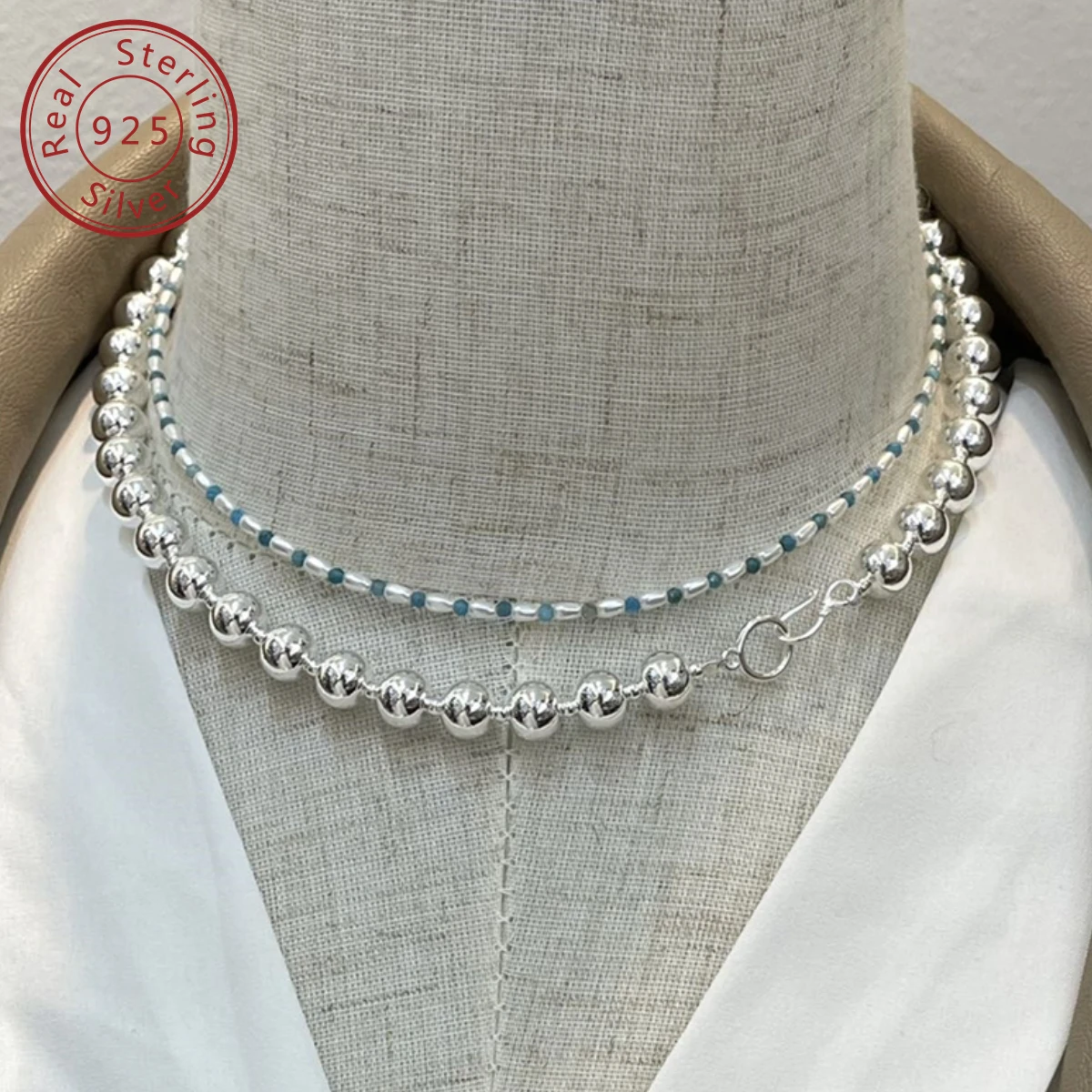 25 Silver Autumn/Winter New Silver Bead Necklace and Ultra Fine Natural Blue Scale Gray Shell Pearl Necklace, Minimalist Style
