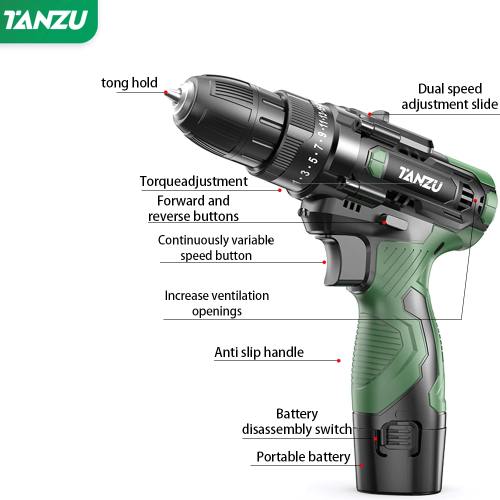 12V Cordless Driller 40Nm Torque Drill Adjustable Speed Li-ion Battery Electric Screwdriver Wireless Power Driver With LED Light