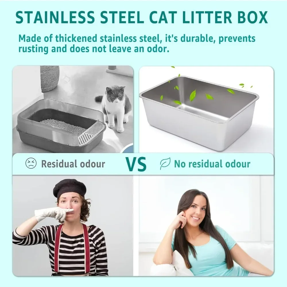 New Upgrade US Shipping XXL High Sided Stainless Steel Cat Litter Box for Large Cats Deep Non Stick Easy to Clean Odor Contro-Au view 3