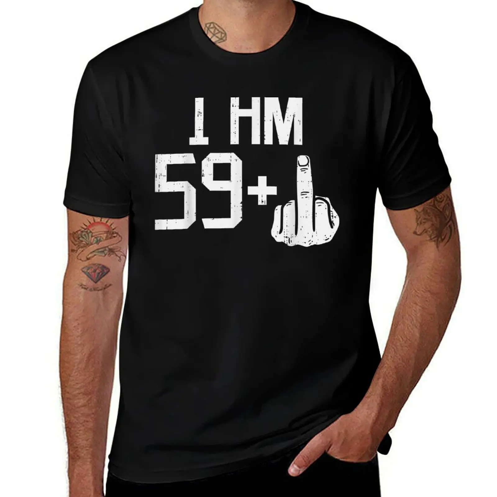 Mens 59 Plus 1 Middle Finger Sixty 60 Yr Old 60Th T-Shirt Worker Basic Short Sleeve Tee T-Shirt