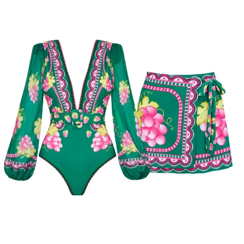 

Swimsuit with Beach Skirt, Cut Out, V Neck Bathing Suit, Beach Wear, High Leg Bodysuit, Female