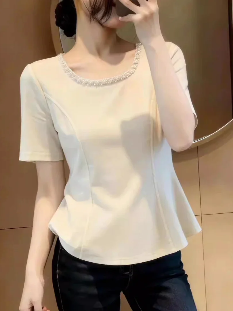 Black Beaded Heavy Duty Short Sleeve T-Shirt Women Summer plus Size Conceal Meat Slimming Small Fragrance Style Top