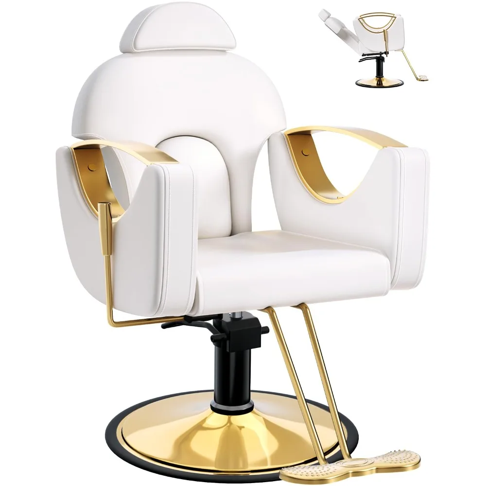 Professional Reclining Hydraulic Barber Chair with Heavy-Duty Pump for Styling, Shampoo & Spa, White Gold, Custom