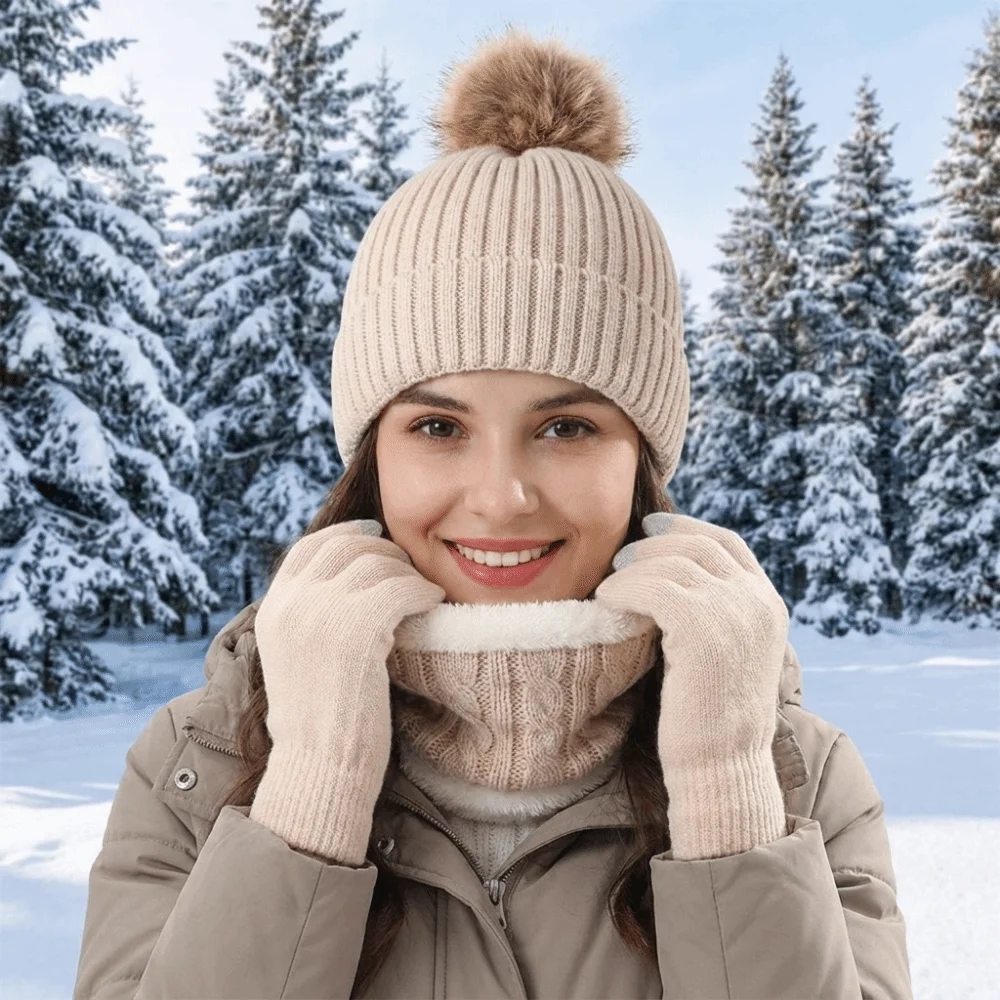 Thickened Hat Scarf Gloves Set Solid Color Thermal Pompom Beanies Hat Neck Protection Twist Texture Winter Knitted Gloves Set