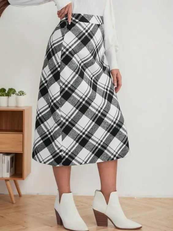 2025 ريترو موضة مزاجه منقوشة تنورة الخريف المرأة النمط الكلاسيكي المألوف سليم صالح عالية الخصر الدافئة ألف خط تنورة طويلة