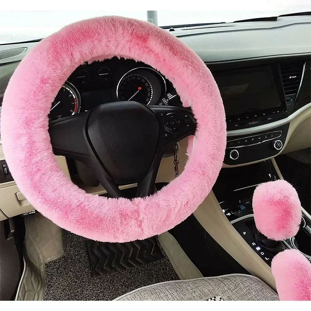 3pcs/Set Fur Fluffy Thick Auto Car Steering Wheel Plush Cover Soft Wool Winter Pink,Blue,Purple,Black For 38cm Steering Wheel