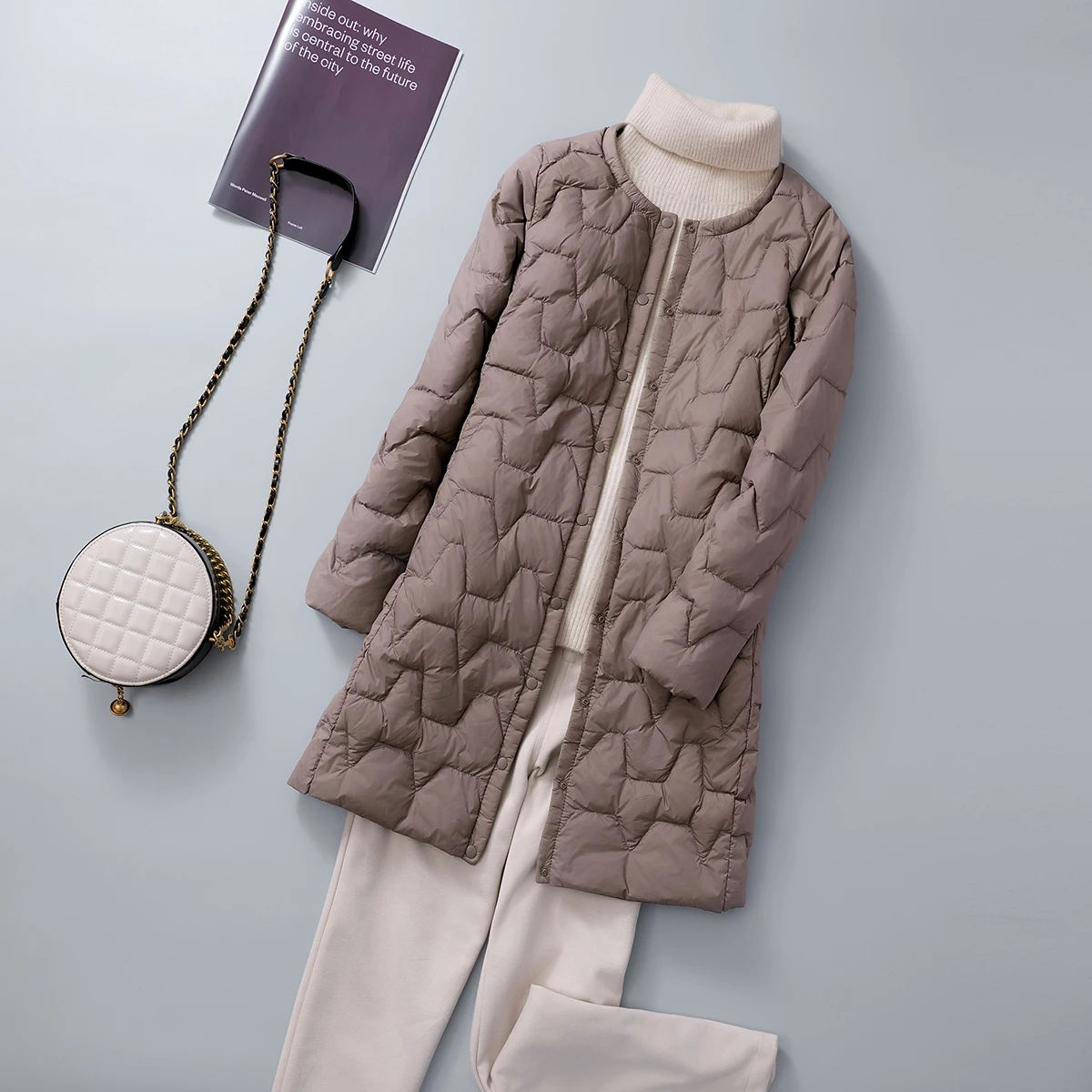 

Autumn and Winter Lightweight Down Jacket Women's Collarless Mid Length Jacket Lightweight Round Neck Inner Liner Coat