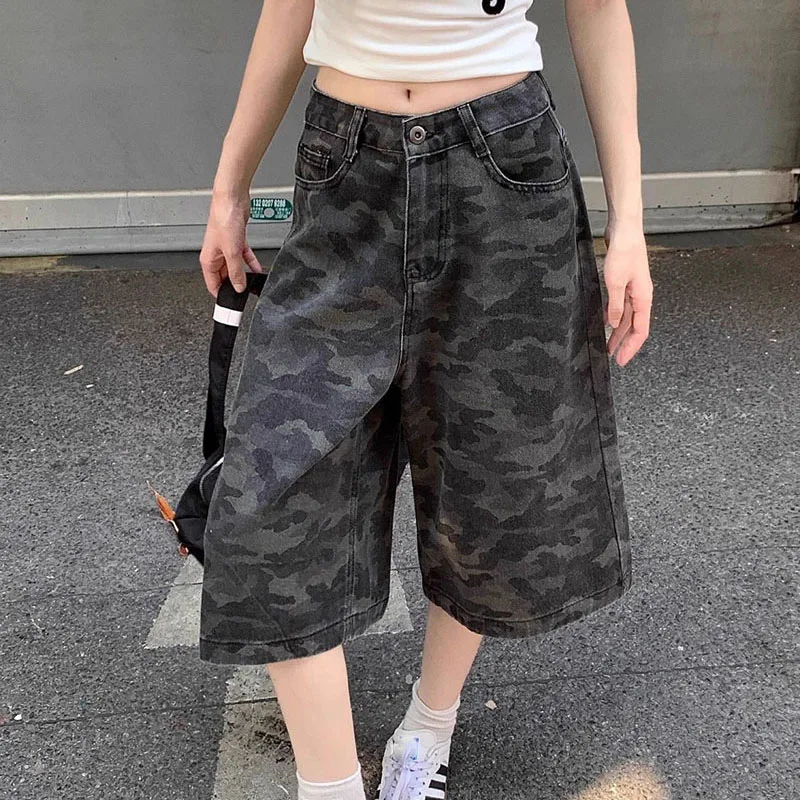 Wide Leg Jeans Women Camouflage Retro High Waist Denim Calf Length Pants Female Summer All-Match Loose Casual Cowboy Hot Pants