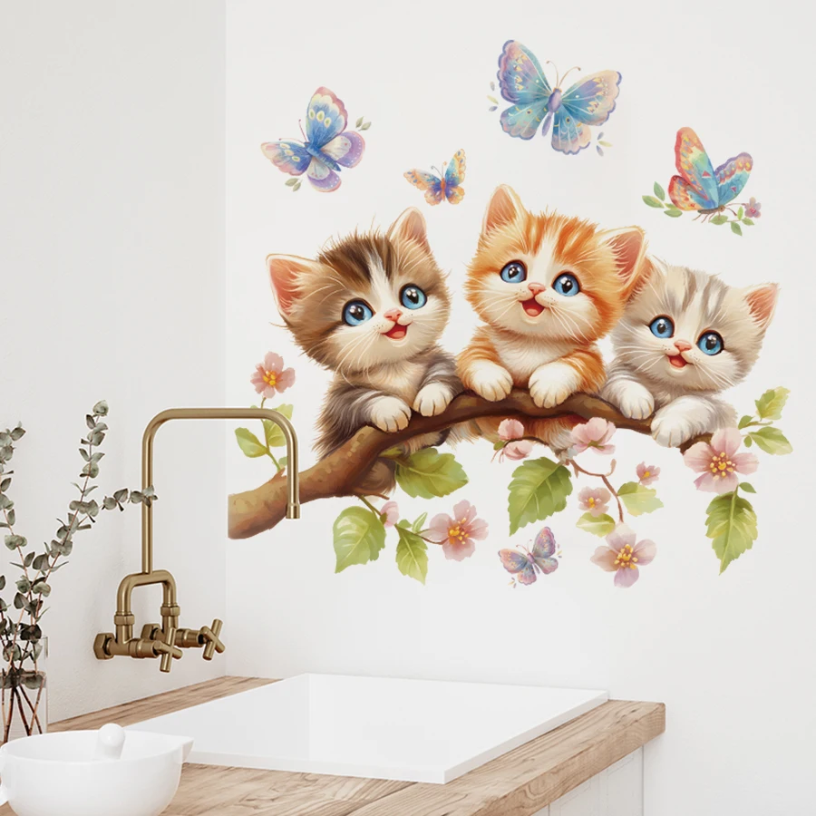 1Pc Watercolor Cartoon Cute Cat on Tree Branch Wall Stickers for Kids Room Decoration Wall Decals Bedroom Decoration Home Decor