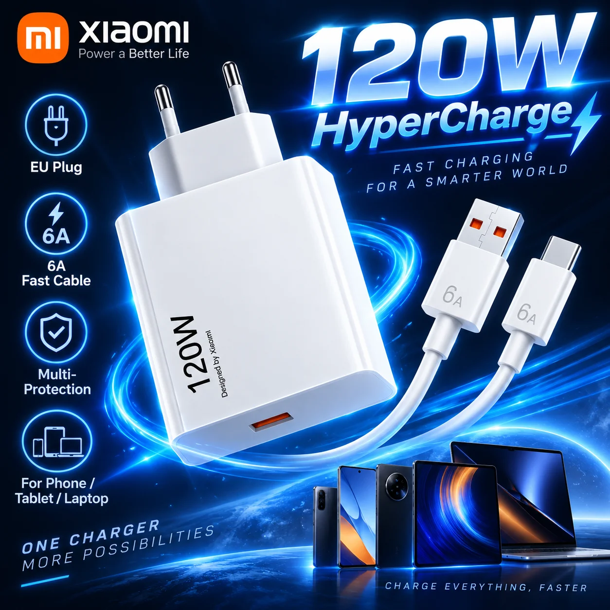 Original 120W Fast Charger EU Plug HyperCharge Power Adapter with USB A to Type C Cable for Redmi POCO Xiaomi Phone
