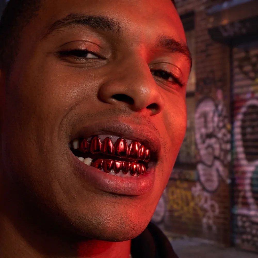 1Pcs/Set Glossy Finish Red Mirror Hip Hop Grillz Set Eco-friendly Copper Halloween Jewelry 8 Teeth Top Bottom Grills Shiny Punk