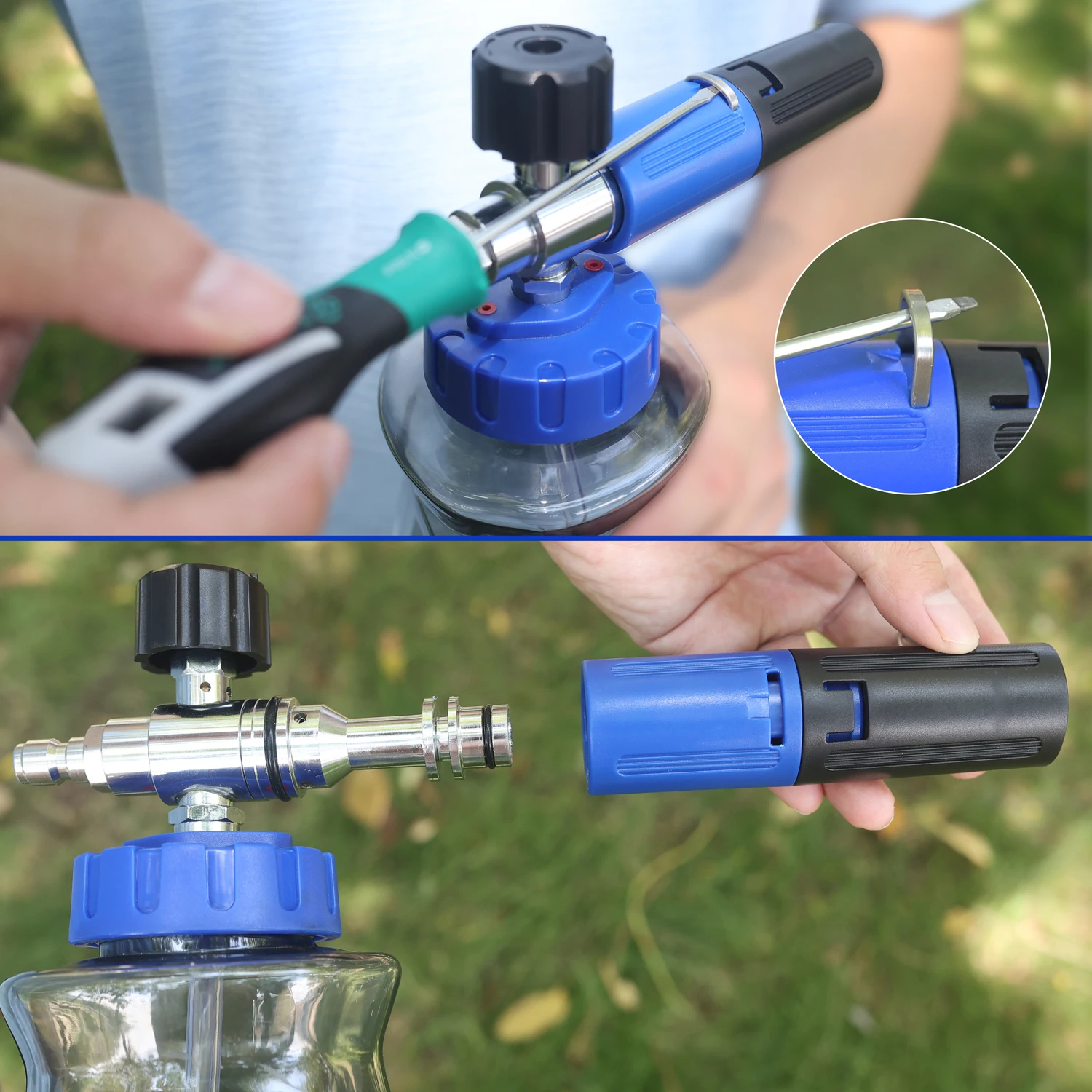 Stylish Blue-Black Foam Cannon, 1/4' Quick-Connect Fitting, Leak-Proof Lid Air Valve, for Karcher Elitech Bort AR Bosch image 5