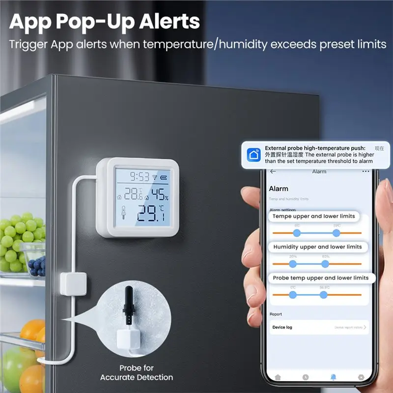 ABKP-Tuya Smart Home Wifi Thermo-Hygro Meter Temperature And Humidity Sensor With External Probe APP Remote Monitoring Data View