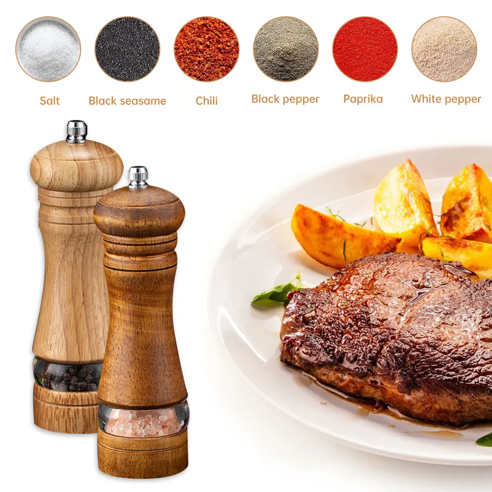 6 Inches Salt and Pepper Grinder Sets Pepper Mill Manual Freshly Ground Seasoning Bottle Ceramic Core Solid Wood Pepper Grinder