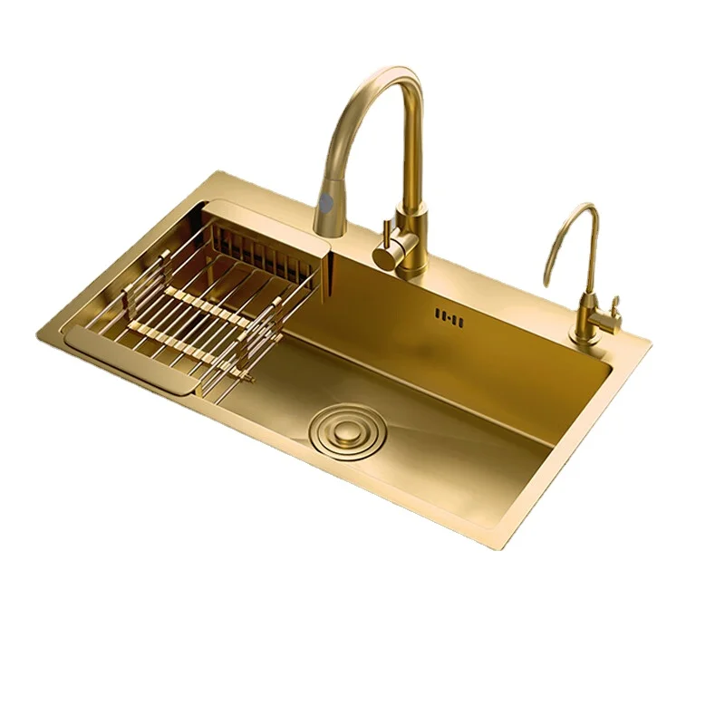 

Gold Kitchen Sink Nano Finish Brushed Handmade Stainless Steel 1.0mm Thickness Hevay Duty Basin Bowels Gold Drainer Accessories