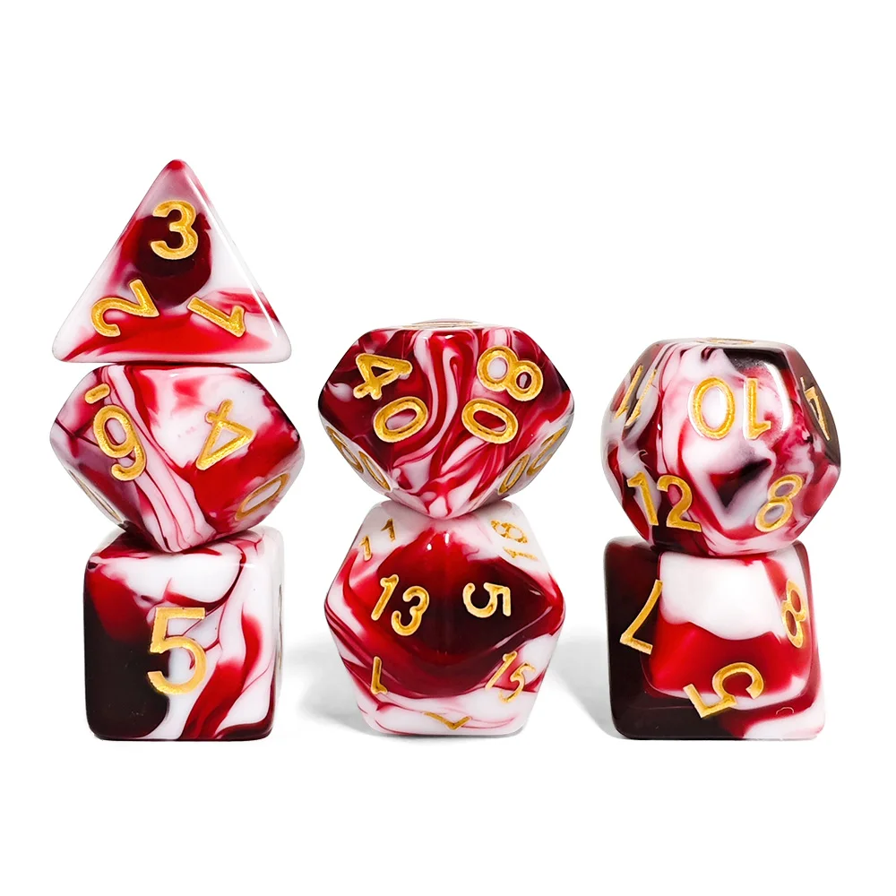 7-Piece Acrylic Polyhedral Dice Set, Red White Marbled DND Dice with Gold Ink, Perfect for Dungeons & Dragons, Pathfinder, TRPG,