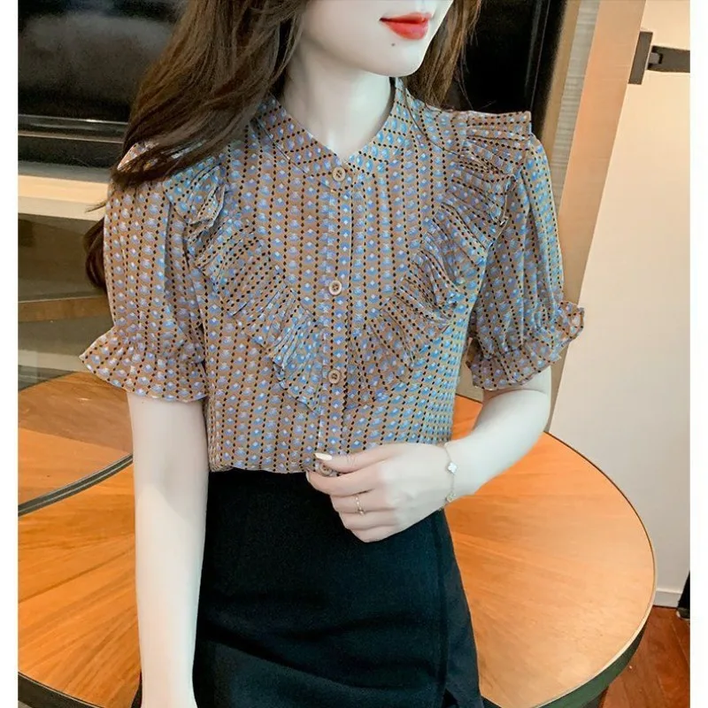 Women\'s 2024 Summer New Korean Commute Spliced Printed Ruffles Shirts Stand Collar Button Slim Chic Short Sleeve Chiffon Blouses