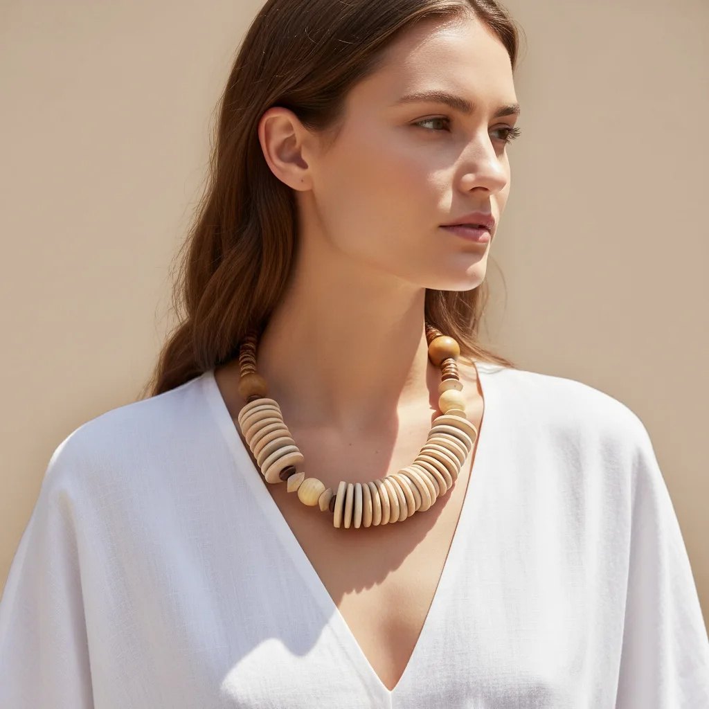 Exaggerated Handmade Beaded Wood Collarbone Chain Women's Geometric Wood Chips Round Ball Retro Necklace Choker Jewelry