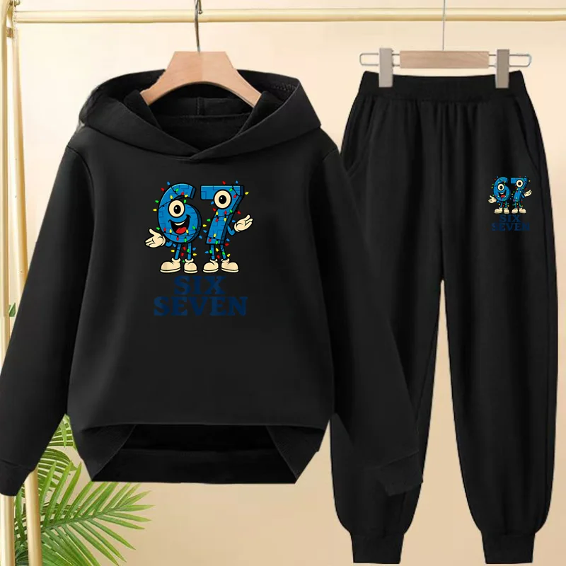 

The 67 Sports Children's Cartoon Hoodie Autumn and Winter Set Is Suitable for Boys and Girls Aged 3 to 12 with Long Pants