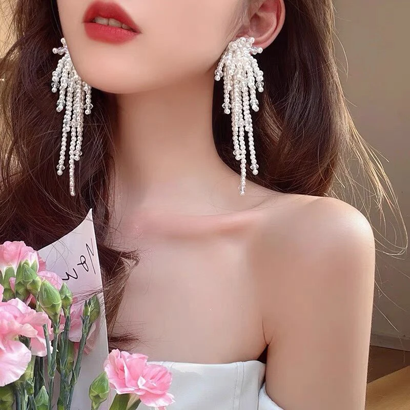 Francuskie Retro Perły Kryształ Kokarda Chwost Wiszące Kolczyki Dla Kobiet Modna Elegancka Biżuteria Chwost Prezent na Imprezę