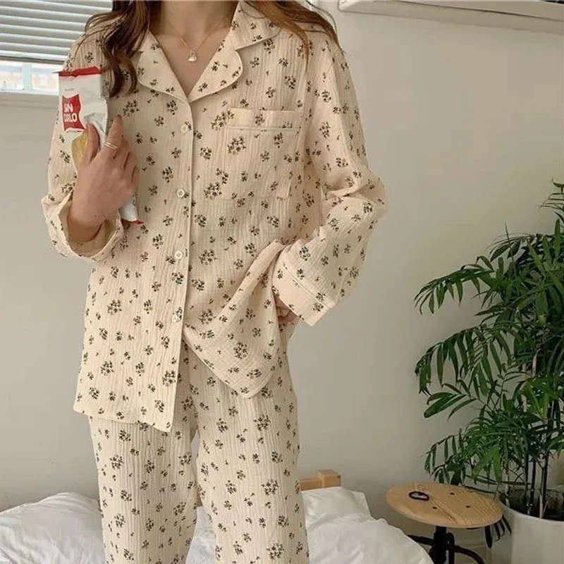 

Cotton Sleepwear Print Pajama Sets Women Autumn Long Sleeve Trouser Harajuku Style Nightwear Korean Homewear Buttons Girl Pajama