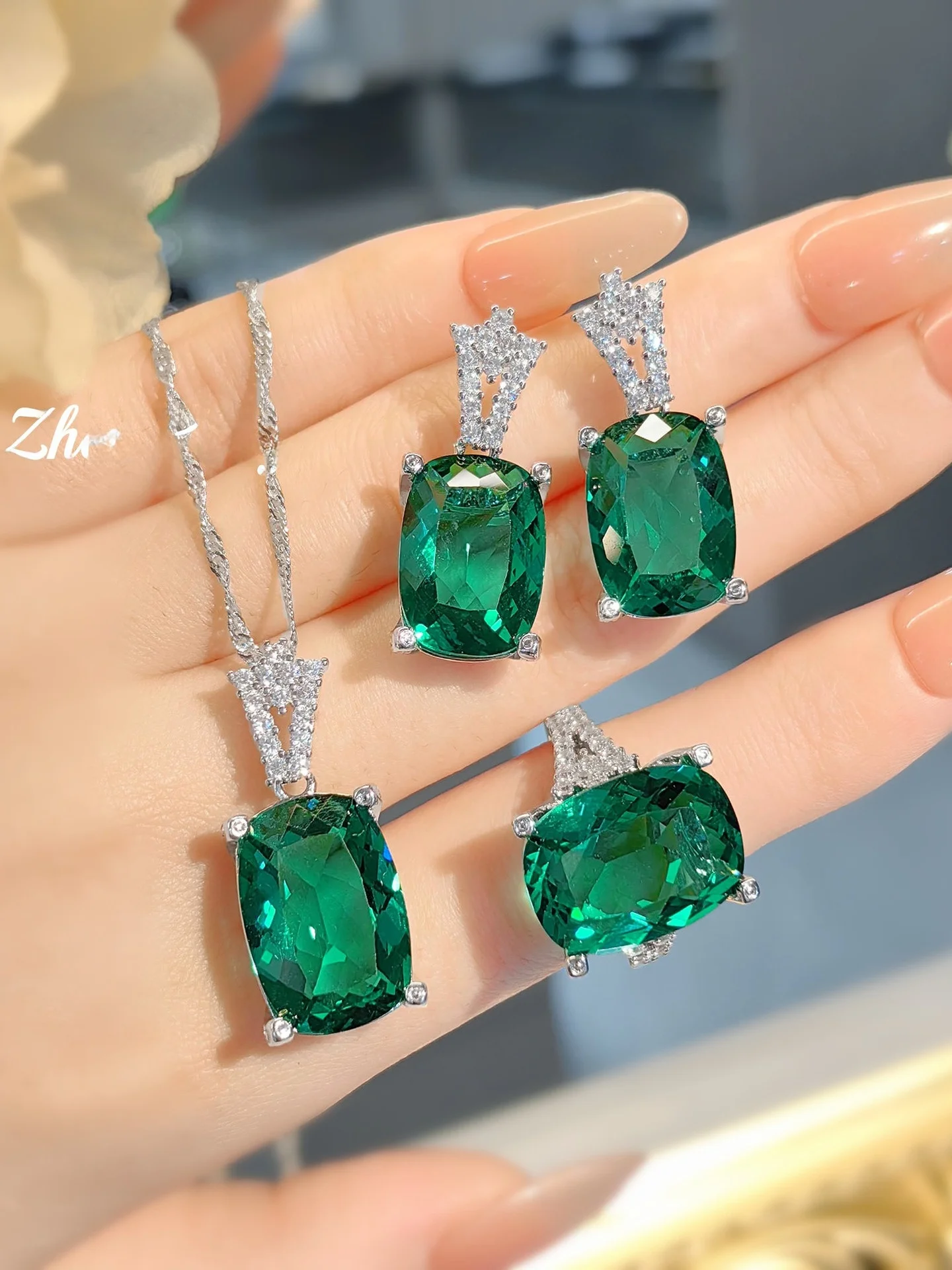 

Faion Paraiba een Ring Set with High Carbon Diamond Crown Pendant Women's Color Gemstone Earrings Ele Jewelry