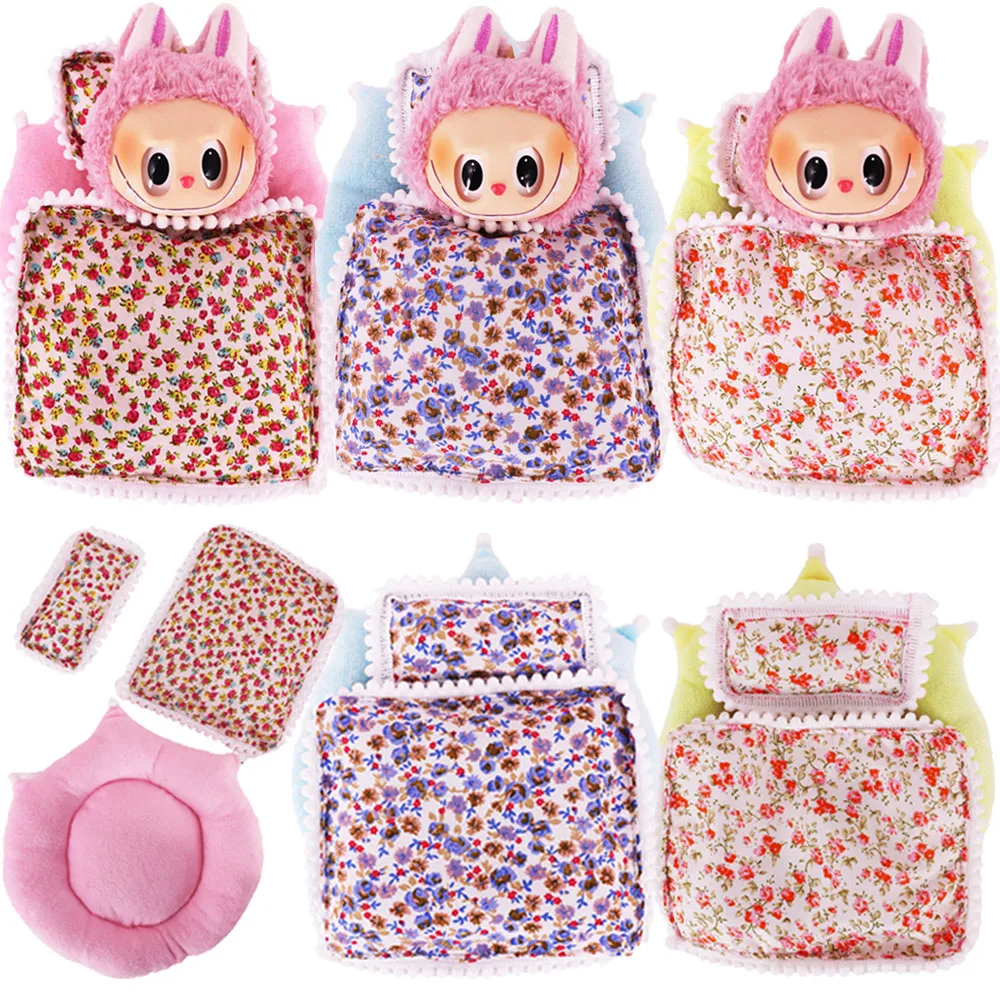 Pop Doll Accessories Plush 3Pcs/Set Bed+Quilt+Pillow For 17cm Labubu Doll Mini Floral Print Bedding,Girl's Toys Dollhouse Gift