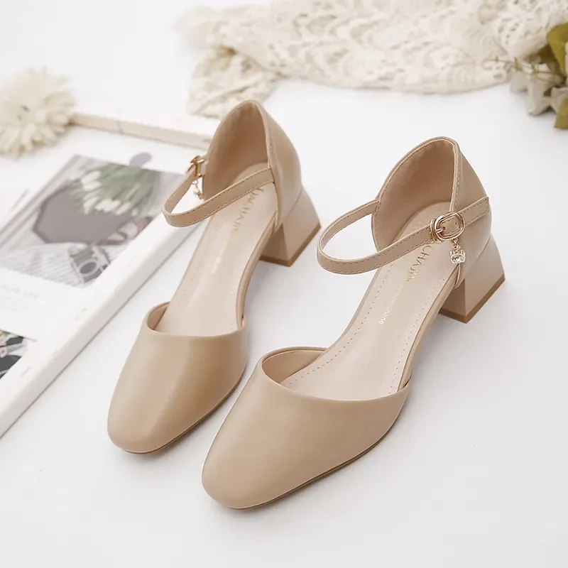 Zapatos De Mujer Fashion Sweet Euroeapn Stylish Square Heel Shoes for Women Lady Cute Sweet Beige Office & Work Heel Pumps A228