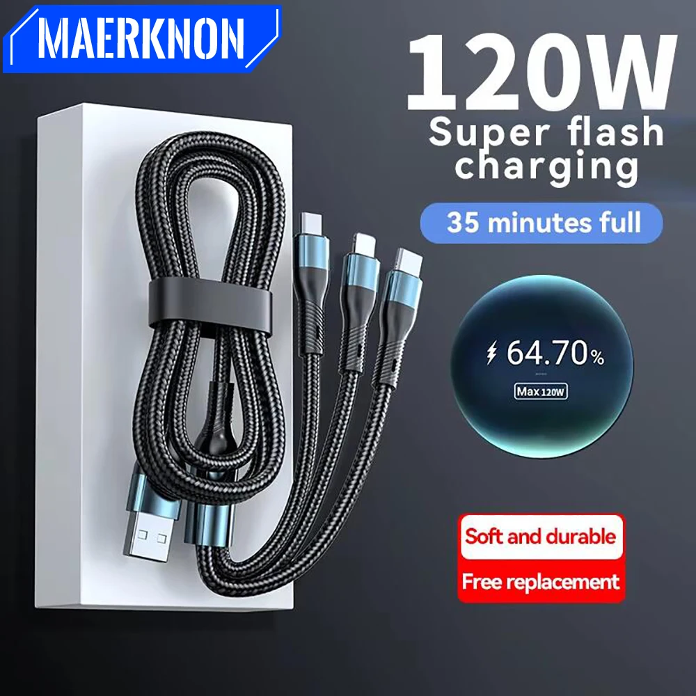 6A 120W 3 in 1 USB Type C Cable Fast Charge Phone Charger Data Cord For iPhone Samsung Xiaomi Huawei Quick Charge Micro USB Wire