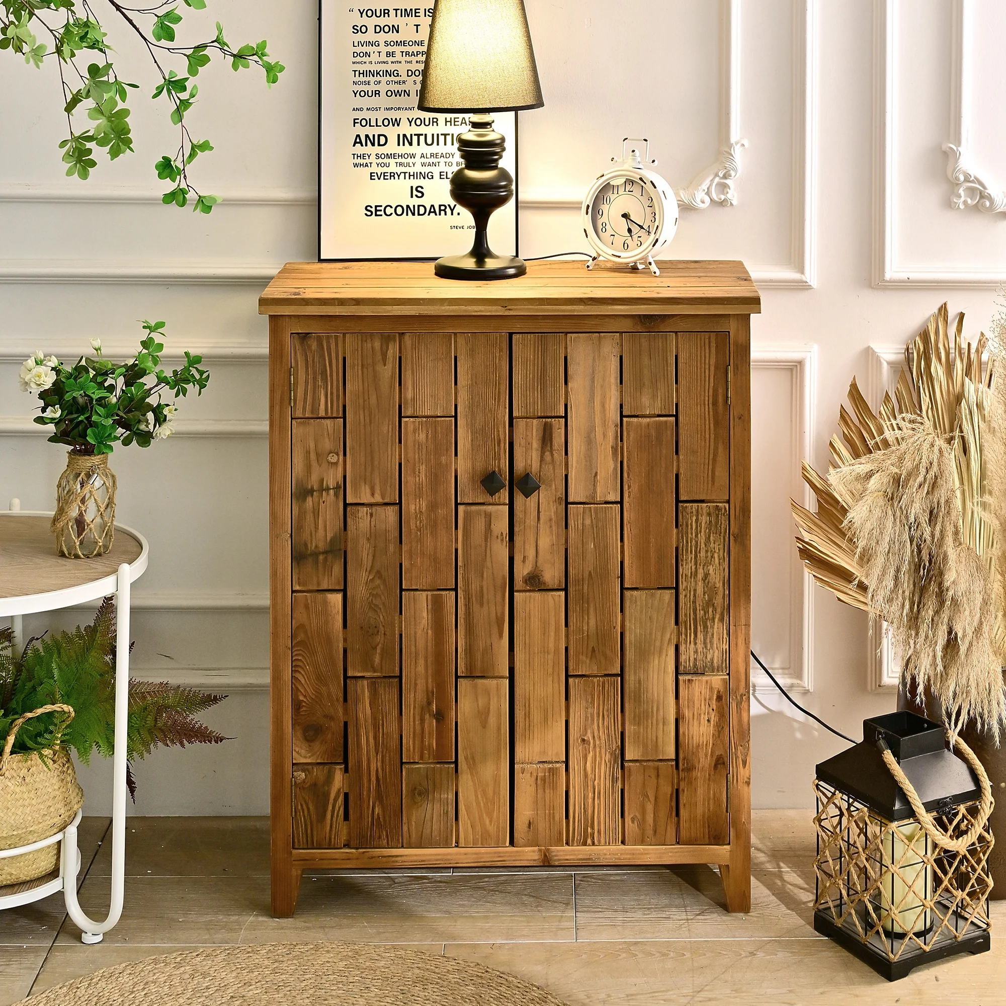 Vintage Style Rustic Wooden Storage Side Cabinet Living Room Furniture For Entryway & Farmhouse Accent Design