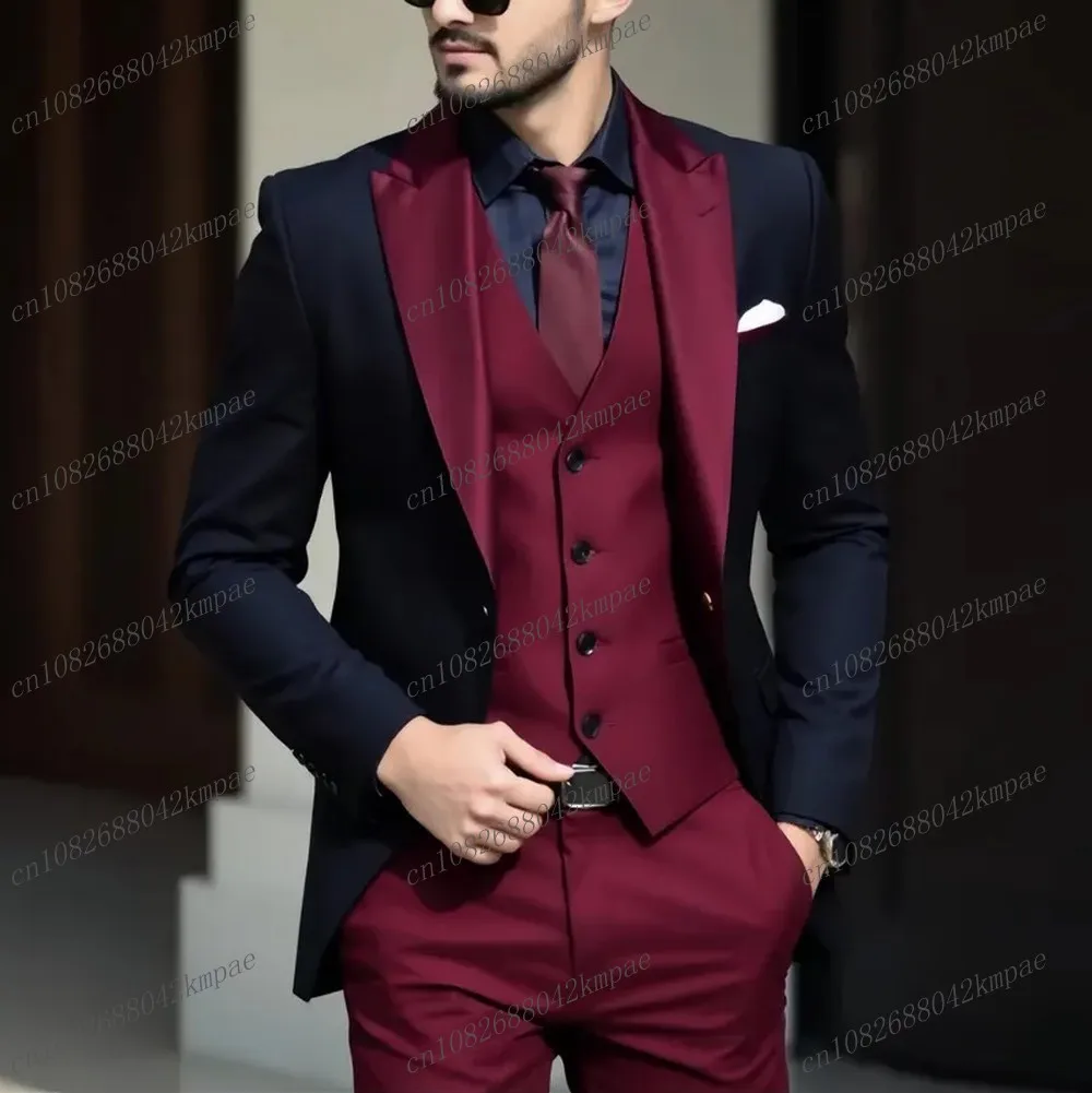 

Новый черный и бордовый деловой мужской костюм для жениха, жениха, свадебной вечеринки, выпускного вечера, деловые мужские смокинги, комплект из 3 предметов, пиджак, жилет, брюки
