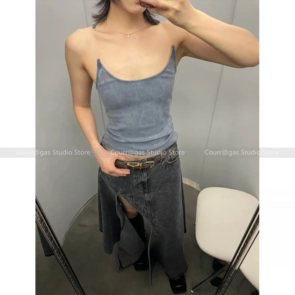 Vintage washed do old transparent camisole vest female 24 summer new sexy waist thin bottoming shirt tops