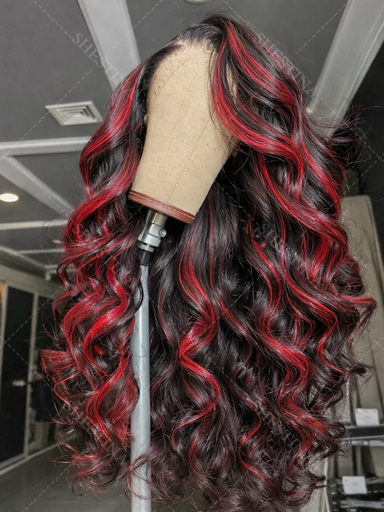 

1B/99J Omber Black With Red Highlight Wigs 13x4 Body Wave Lace Frontal Wig Human Hair Brazilian Burgundy Colored Glueless Wigs