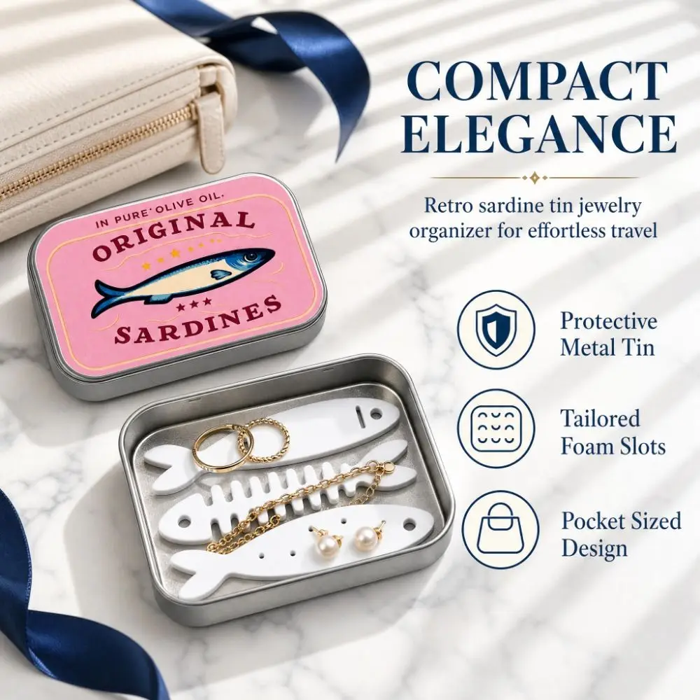 3D Printed Sardine Tin Jewelry Box Fishbone Insert Portable Sliding Lid Travel Case Compact Lightweight Fish Bone Jewelry Box