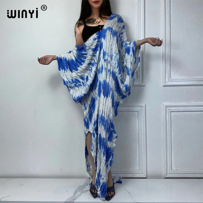 WINYI Original kaftan tie-dye summer v-neck Knitted hollow sexy beach cover up dress Elegant Floor-sweeping evening dress Women